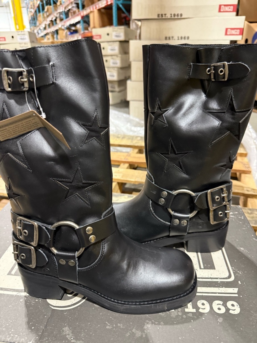 dingo Black Lace Up Star Accent Motorcycle Boots